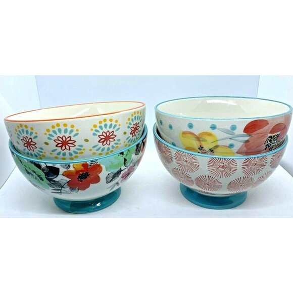 Four Pioneer Woman Cereal Soup Bowls Floral & Dots - Picture 4 of 12